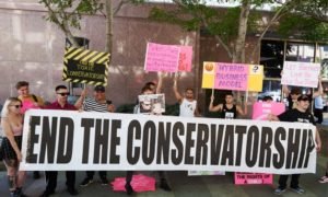 Free Britney Movement protesters holding banner end the covenorship